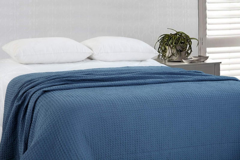 HILLFAIR 100% Combed Cotton Blanketâ€“ Twin Size Bed Blanketsâ€“ Warm Soft All Season Breathable Lightweight Summer Blanketsâ€“ Waffle Weave Home Decor Bed Blanket- Navy Twin Bed Cotton Blankets/Bedcovers - Image 3